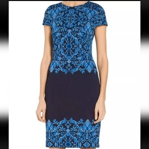 St. John Brocade Graphic Knit Dress Cobalt Size 8 ASO Gayle King Sparkle Luxury